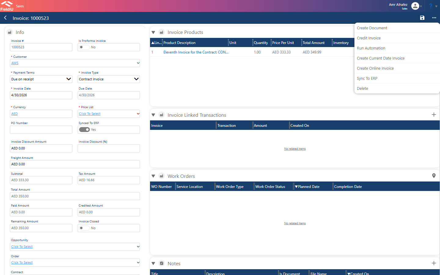 Create Online Invoice action menu