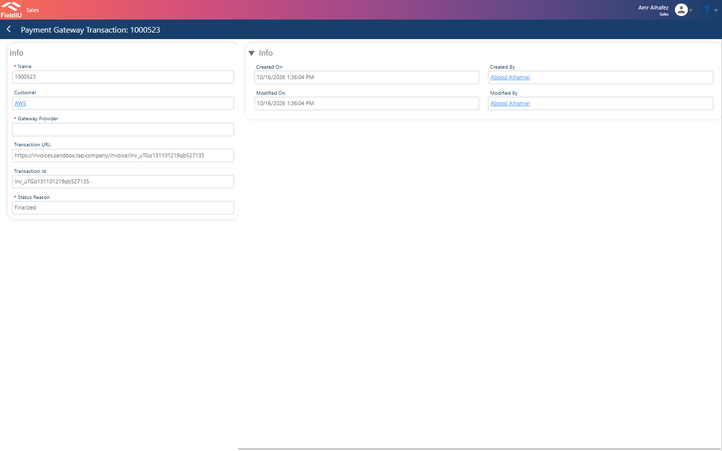 Payment Gateway Transaction record