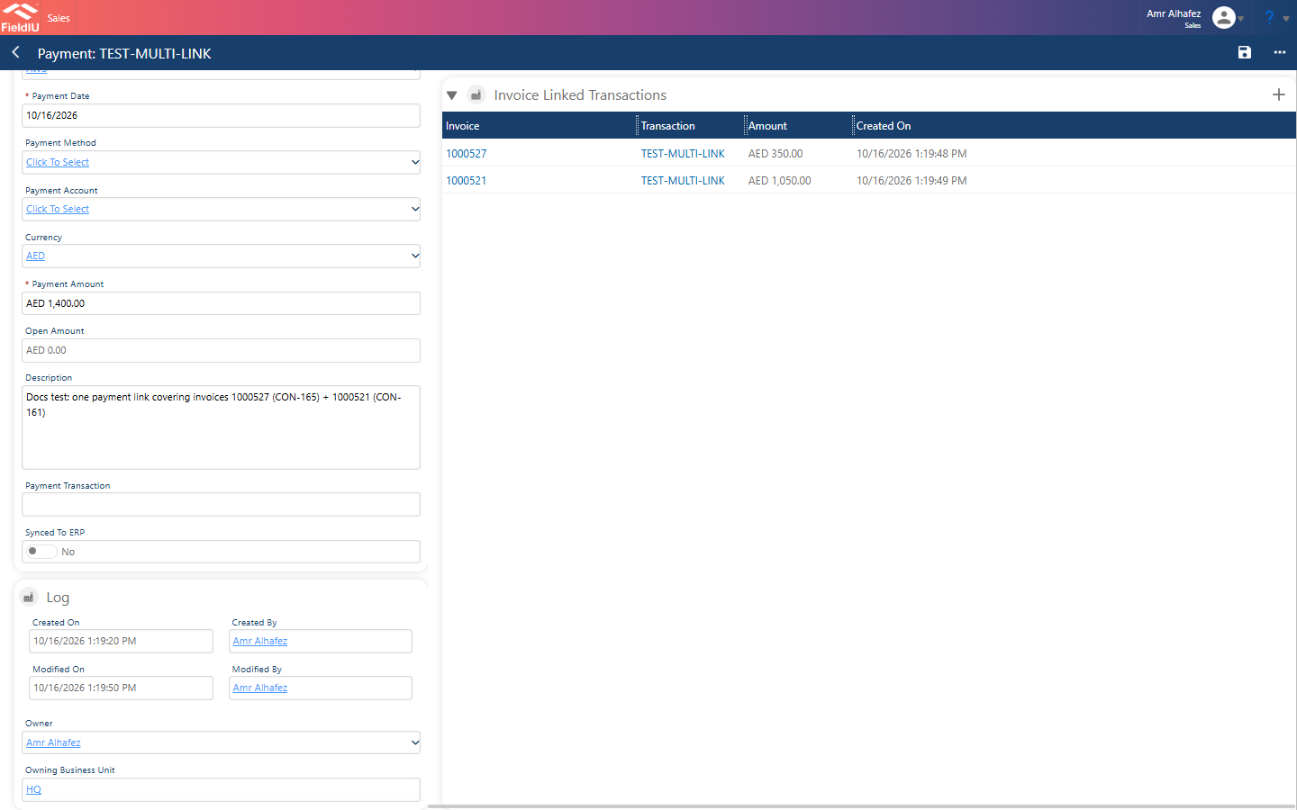 Payment linked to multiple invoices